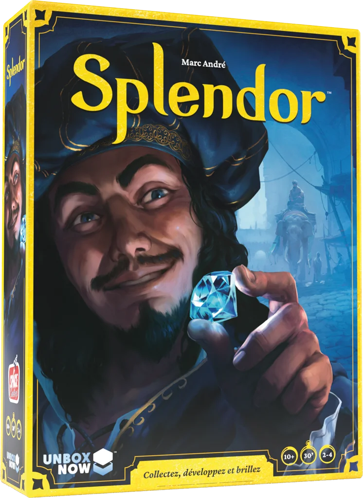 Boîte du jeu Splendor montrant un marchand de la Renaissance et des jetons de pierres précieuses colorés.