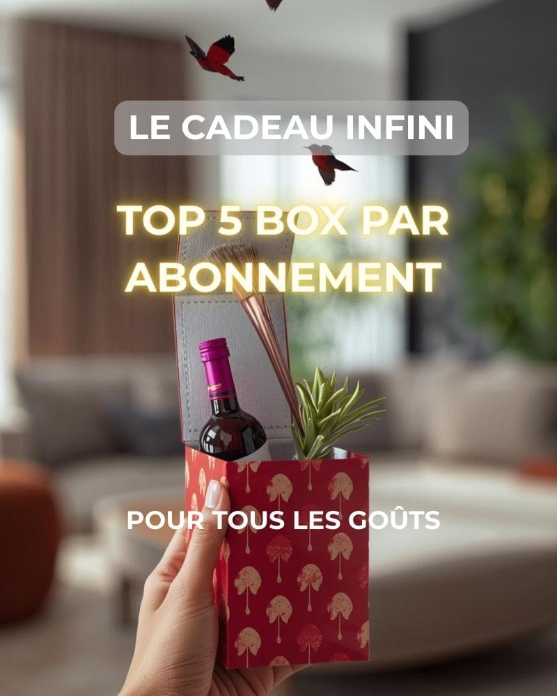 Main présentant une box par abonnement décorée avec une bouteille de vin et du feuillage, illustrant une sélection des meilleurs cadeaux par abonnement en 2026.