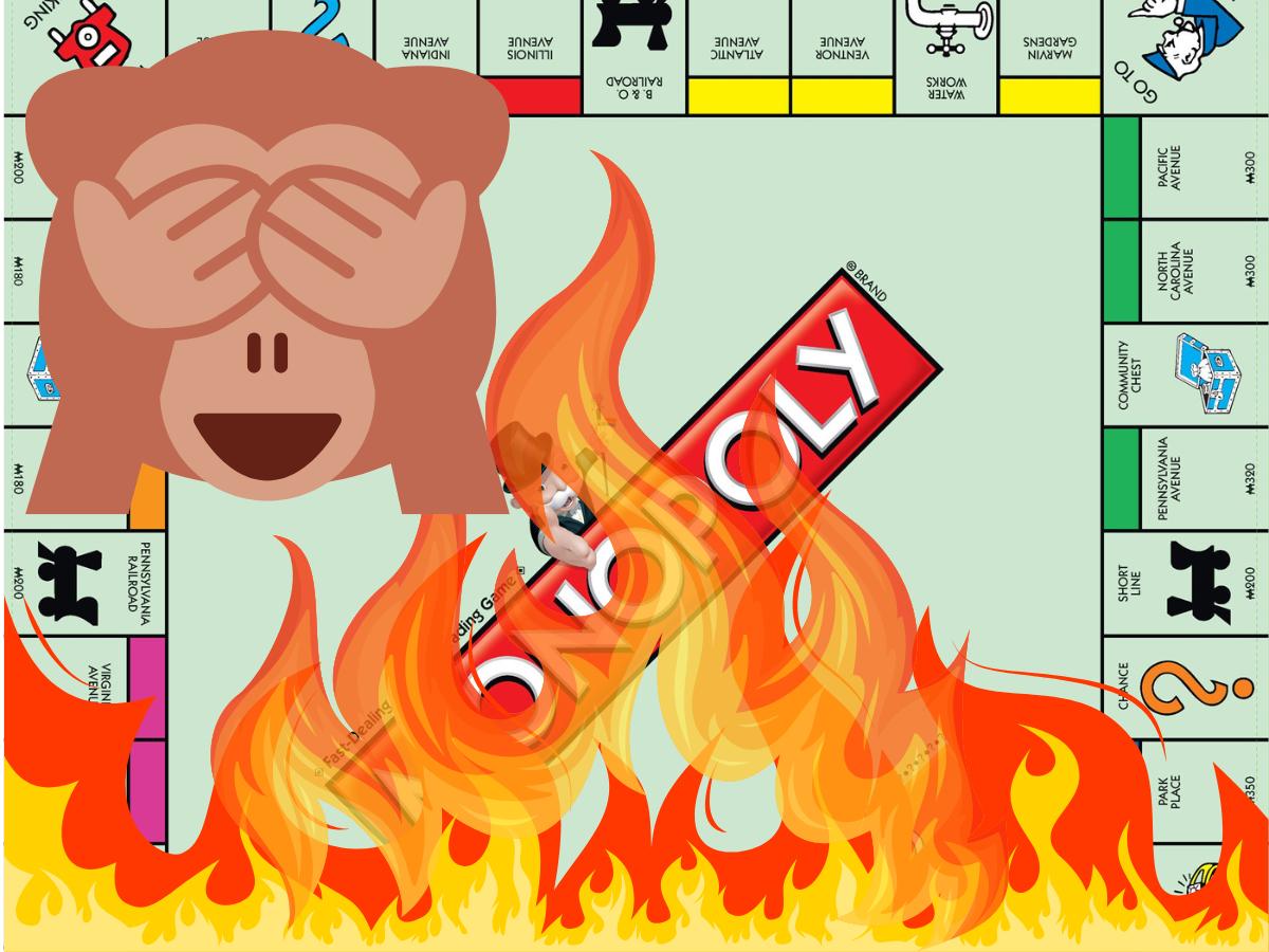 Illustration d'un plateau de Monopoly en feu avec un emoji singe, symbolisant la fin des parties interminables au profit de jeux d'ambiance rapides en 2026.