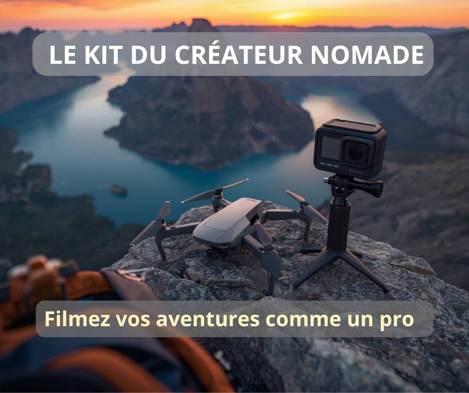 Équipement de vlogging DJI du rédacteur en chef SonKDO : Drone Mini 3 Pro, Caméra Osmo Action 4 avec boîtier étanche 40m sur fond de paysage de montagne et mer.