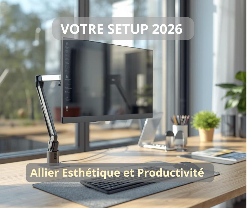 Setup bureau minimaliste 2026 avec bureau bois clair assis-debout, chaise ergonomique et décoration zen.