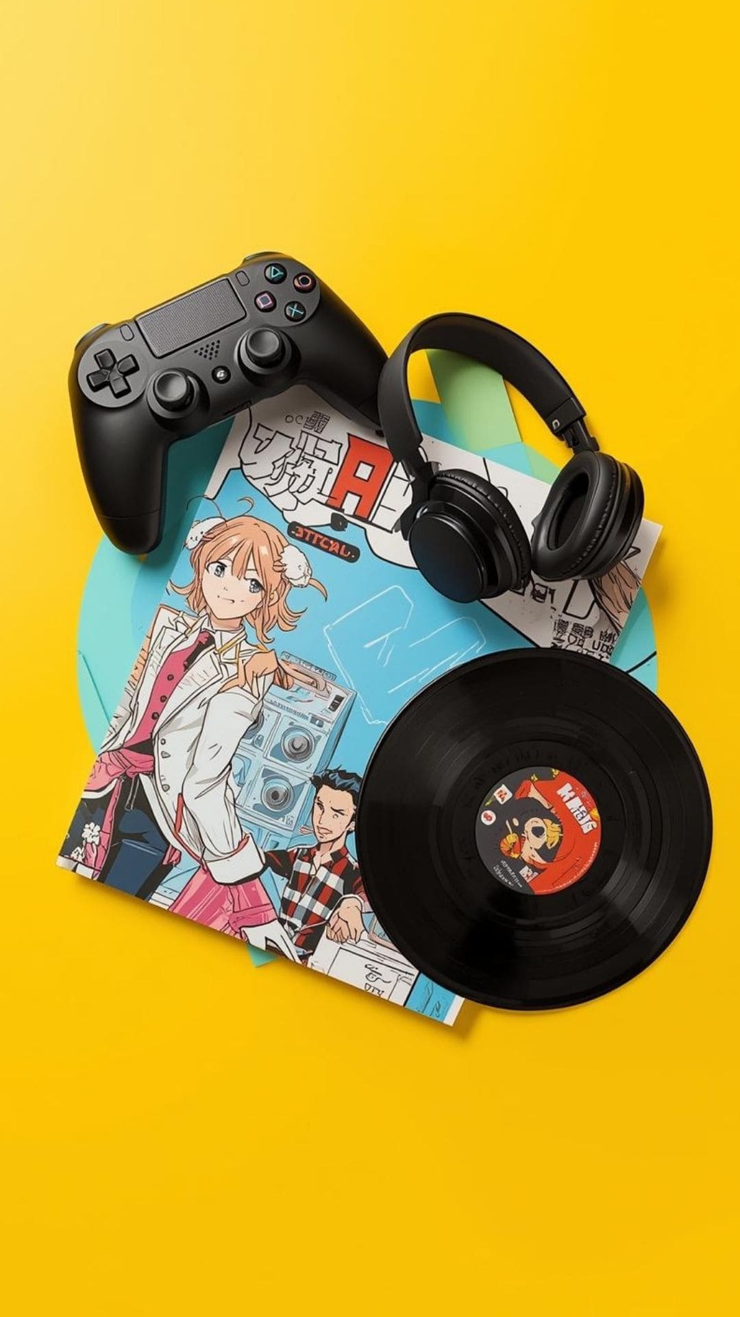 image d'une composition de disques vyniles, casque et BD symbolisant la culture POP