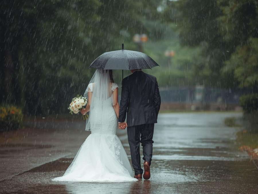 couple de marié sous la pluie